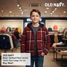 Old Navy Boys' Quilted Plaid Puffer Jacket, Large 10-12 