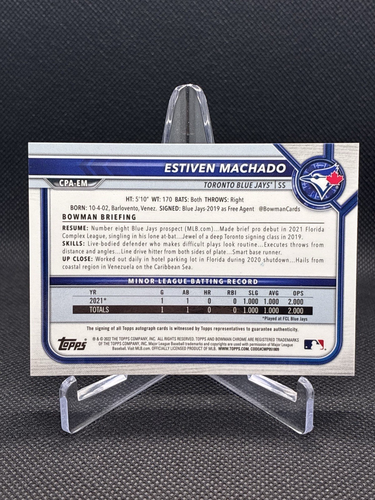 Topps 2022 Bowman Chrome Estiven Machado RC AUTO Speckle Refractor /299 view 2