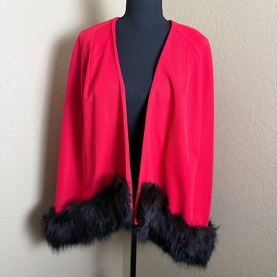 Claralura Original California Red Cape Jacket Black Fur Trim Size 12 Vintage