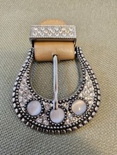 Large Rhinestone Belt Buckle Western Style Horseshoe Shape Silvertone 3" X 3"