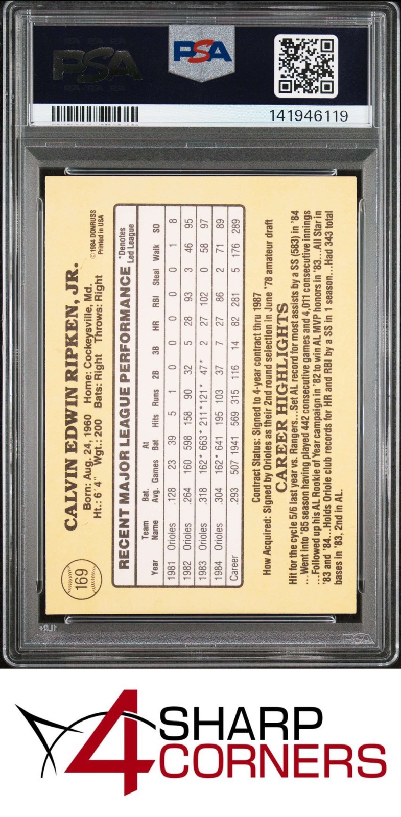 1985 DONRUSS #169 CAL RIPKEN JR. ORIOLES HOF PSA 10 view 2