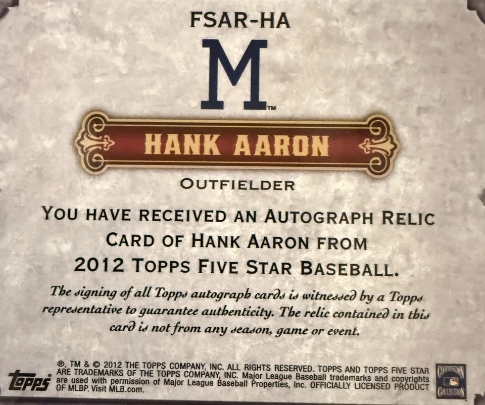 2012 Topps Five Star - Autographed Relics Hank Aaron 36/55 ON CARD AUTOGRAPH - Image 4 of 4