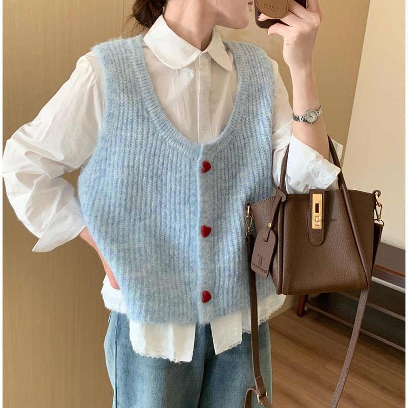 Korean Sleeveless Knit Cardigan Casual Round Neck Single Breasted Sweater Vests