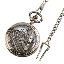 Steam Train Themed Pocket Watch Antique Style Quartz Movement Pendant Chain Gift