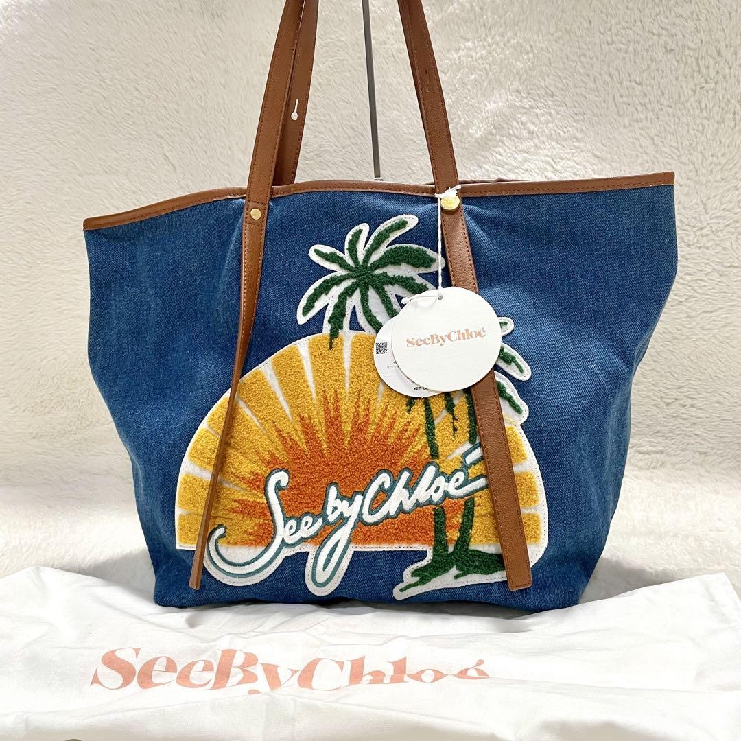 See by Chloe Andy Denim Canvas Tote Bag Blue Authentic Near Mint Condition