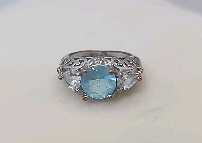 Vintage Blue Topaz Sterling Silver Ring With Cubic Zirconia Hearts Size 6.5