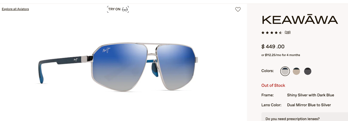 BLUE ~MAUI JIM KEAWĀWA POLAR Aviator MSRP$489 ~Dual Mirror Premium