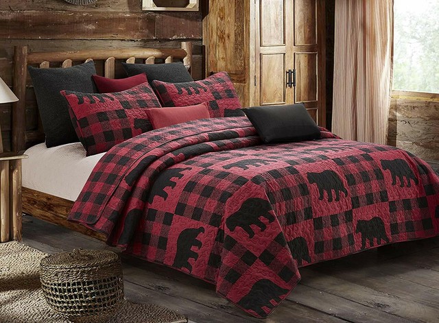 Brown Red Plaid Full Queen Quilt Set Lodge Animal Themed Bedding