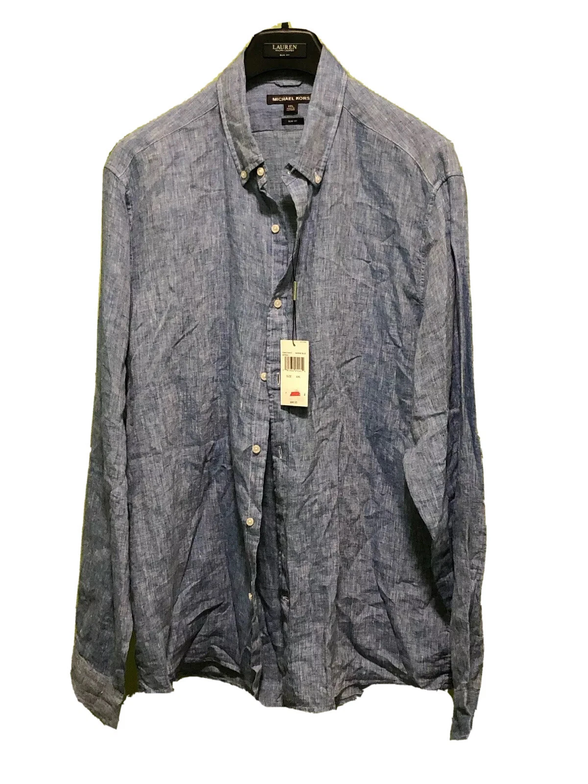 Michael Kors Mens Shirt Blue Size 2XL Button Down Slim Fit Linen $98