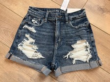 American Eagle Denim Shorts Sz 0/25W Distressed Super High Rise Cuffed Mom Jean
