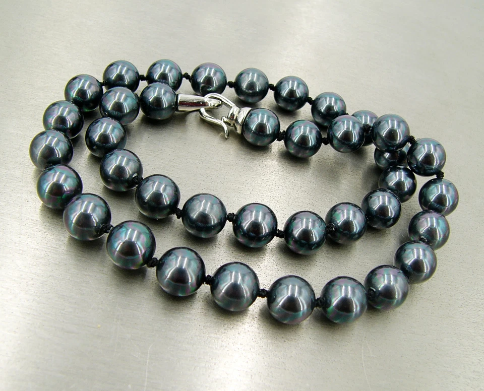 OPERHAUS Tahiti schwarze Muschelkernperle Perlen Kette Halskette Knoten Haken - Bild 3 von 4