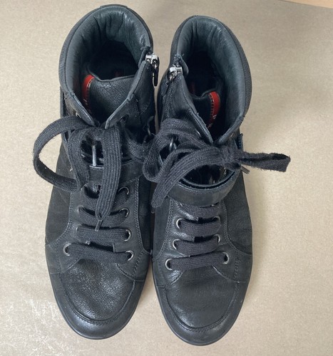 Prada Sport High Tops black Trainers Leather Suede Zip Strap Dust bag size 8.5 - Picture 4 of 24