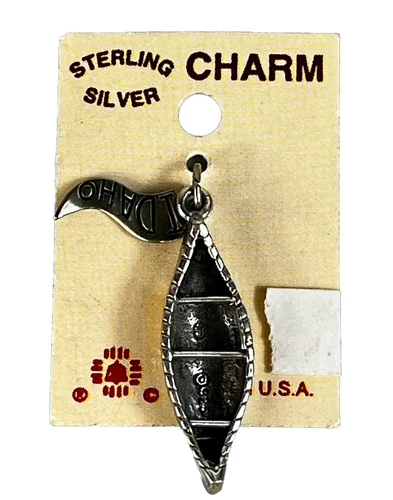 Vintage Sterling Silver CANOE Charm - IDAHO Flag 925 Charm Pendant - NOS