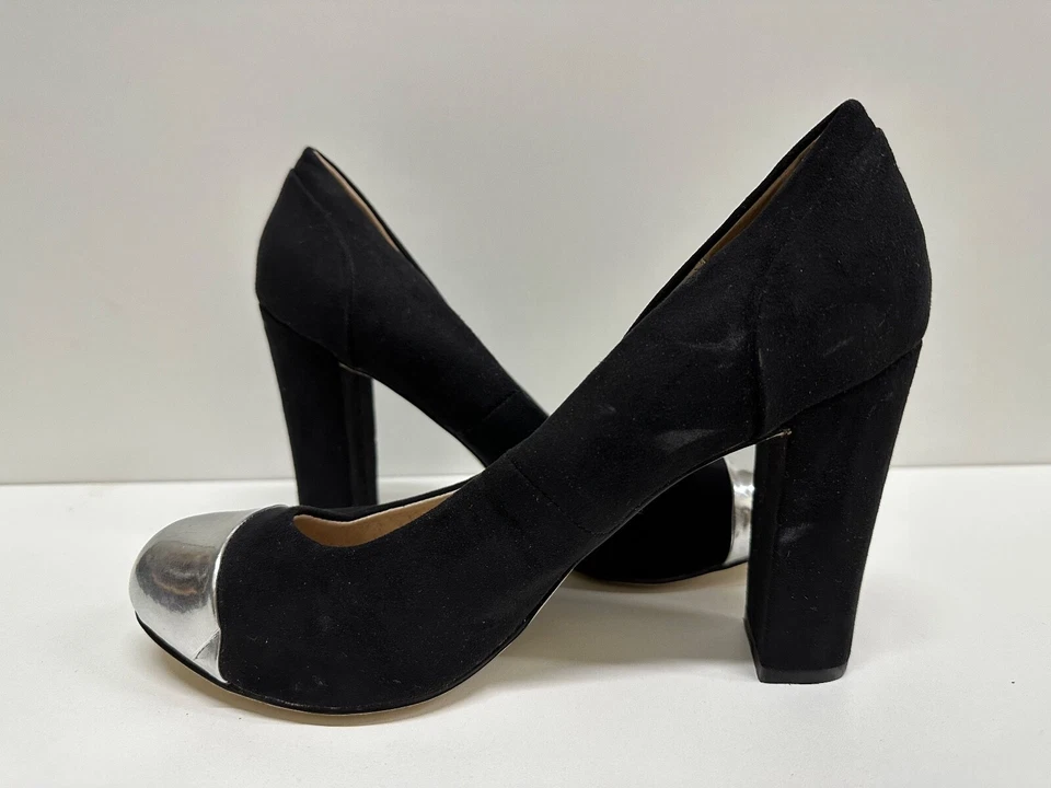 Chelsea Crew style Cappy metallic silver cap toe black suede pumps size 9 - Image 4 of 4