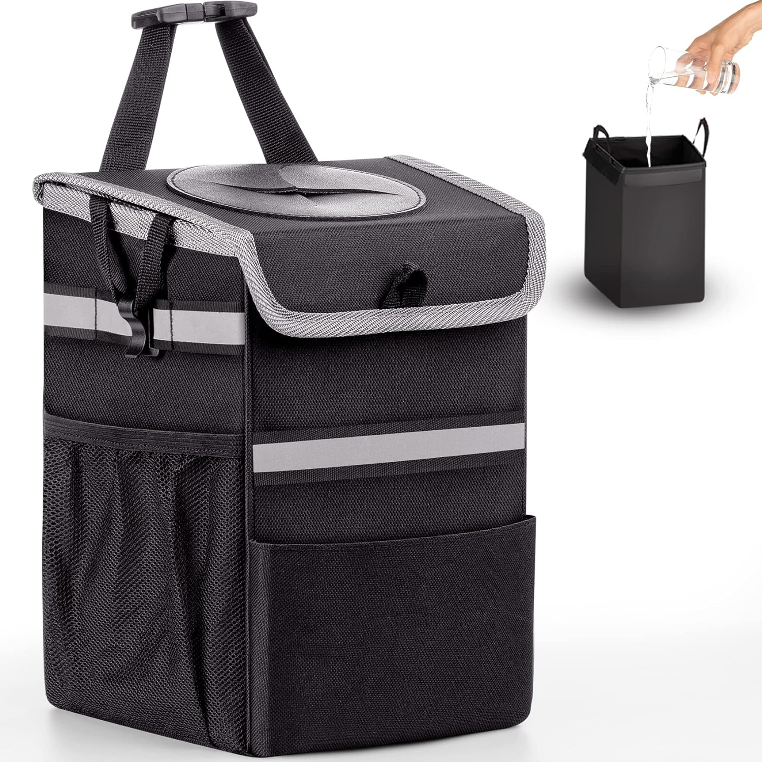 Car Trash Can with Lid and Storage Pockets,2-Gal Large Capacity Multipurpose Car