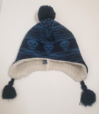 Boys Size S/M Old Navy Fleece Lined Knit Winter Hat w/ Skulls Blue