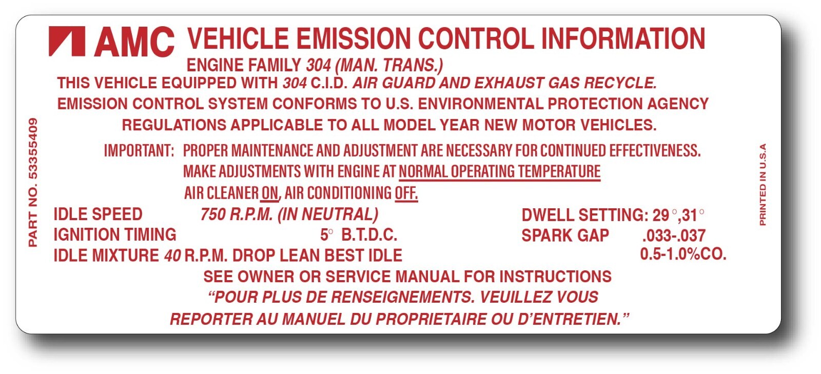 Fits JEEP AMC 304 V8 Emission Decal Sticker for/fits Jeep CJ & Other ...