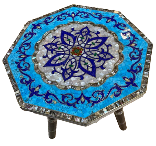 Handmade Wooden End Table Carving Wood Table Home Decor Mother of Pearl Inlay - Picture 9 of 17