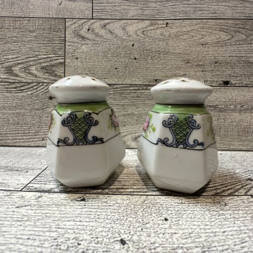 Hexagonal Salt & Pepper Shakers Ceramic Floral Geometric 2.25x1.75” Vintage