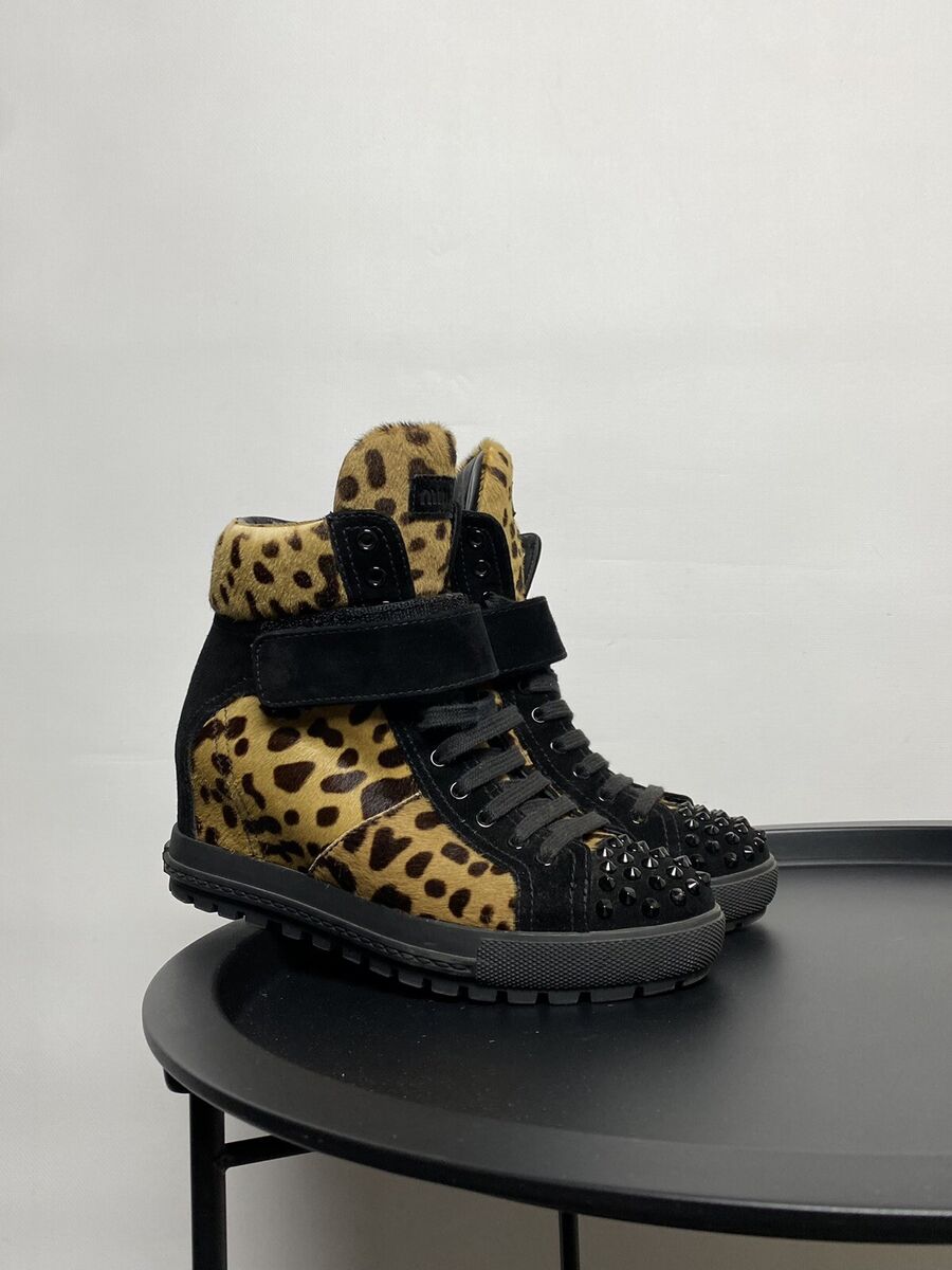 MIU MIU Leather Leopard Pony Heir Studded Hi Top Platform MIU MIU Leather Leopard Pony Heir Studded Hi Top Platform