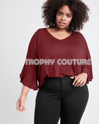 NEW RYLLACE PLUS SIZE DARK RED BELL SLEEVE V-NECK TOP SZ 2X 18/20
