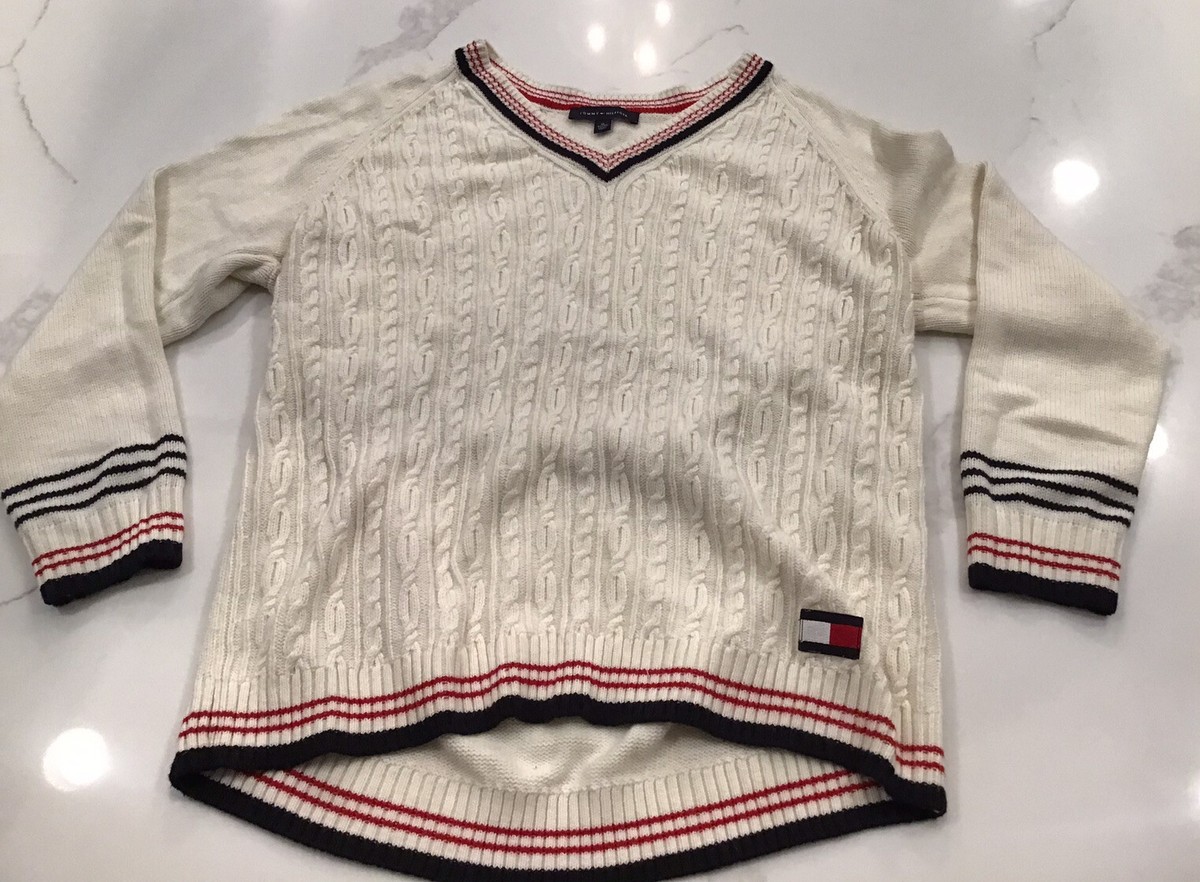 Tommy Hilfiger Women’s Classic Cable Knit White V Neck Sweater Sz XL EUC
