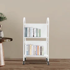 2-tier Library Book Storage Cart Rolling Book Truck Book Cart W/ Handle+4 Wheels