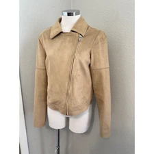 Halston Moto Jacket Faux Suede Tan Zip Up Biker Coat Size 4