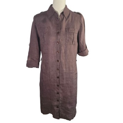 Steilmann Germany Brown Linen Shirt Dress Button Front Roll Tab Sleeve Medium