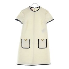 VALENTINO V logo plate crisp tweed back zip short sleeve mini dress White Used e