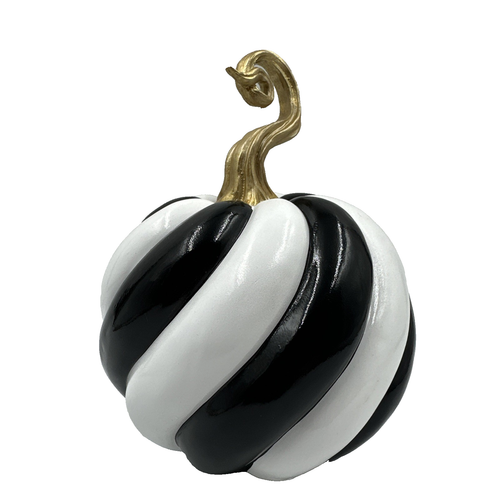 Schwarz weiß gestreifte Kürbis Figur mit goldenem Stiel Halloween Herbst Deko modern - Bild 4 von 5
