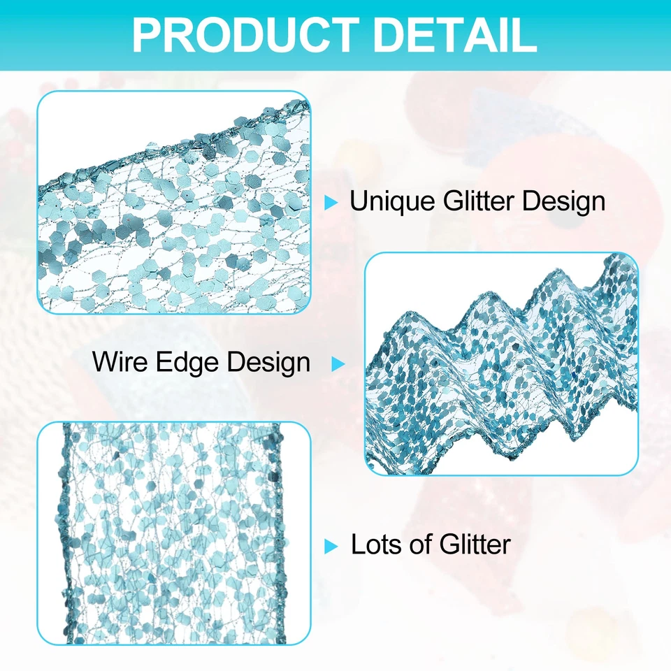 2 Pcs 10 Yard 2.5 Inch Glitter Mesh Wired Ribbon Webbed Sequin Sky Blue Foto 3 de 4