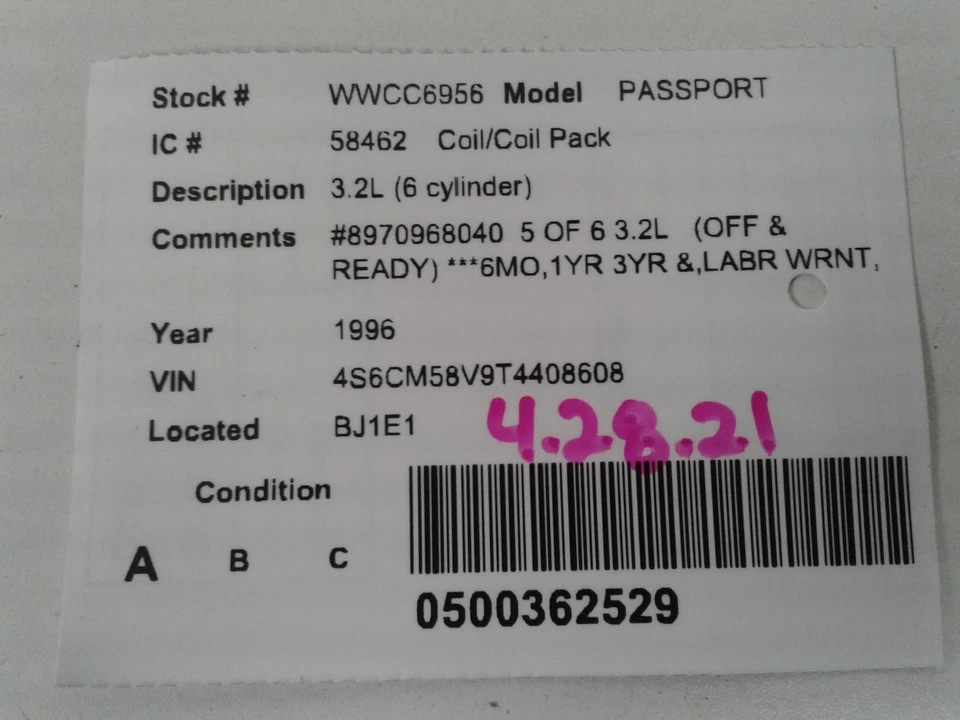 Bobina de encendido usada se adapta a: Honda Passport 1996 3,2 L 6 cilindros grado A Foto 3 de 4