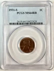 1931 S Small Cents Lincoln Wheat Penny PCGS MS-64 RB Red Brown