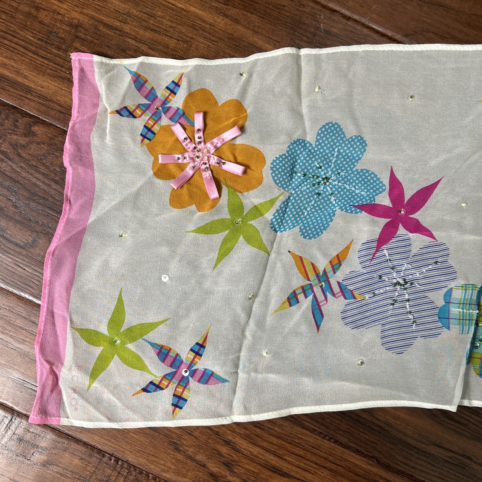 White Floral Scarf Sheer Echo Rectangular Colorfu… - image 2