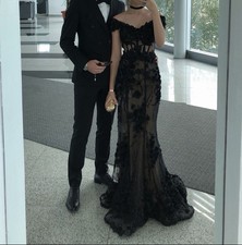 Black Floral Applique Off-Shoulder Formal Evening Gown