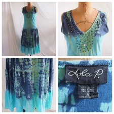 LOLA P Blue Tie Dye Ruffled Full Skirt Dress Sequins Whimsigoth Mermaid Fairy M