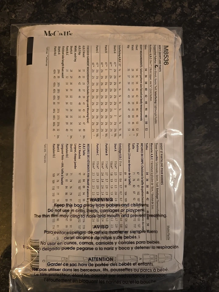 8526 McCall's Mens Cargo Style Shorts & Pants Sewing Pattern Packet, Size 34-42 - Image 2 of 2