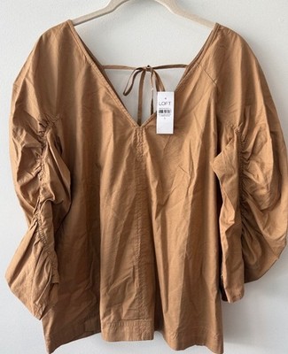 LOFT Blouse Women's Small NWT Brown Puff Sleeve Boho Peasant Tie Back Top VNeck