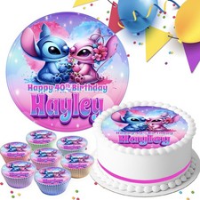 STITCH & ANGEL PERSONALISED EDIBLE CAKE TOPPER & CUPCAKE TOPPERS TSR-908