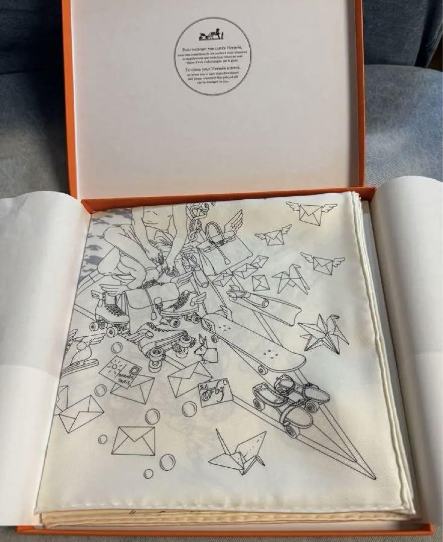 HERMES White Silver Carre Scarf Luxury Silk Shawl