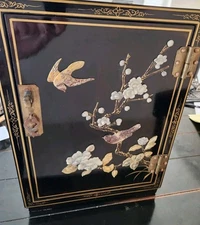 Chinooserie Style Lacquerd Jewelry Cab. IntricateCarved Stone Inlay Hand Painted