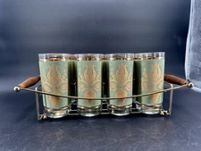 Jeanette Glass Co Laurel & Lyre 8 Piece Glass Set with Holder Vtg Green & Gold