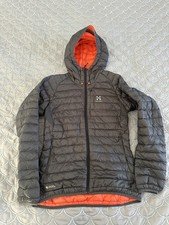 HAGLOFS ESSENS II DOWN HOODED PUFFER JACKET BLACK ORANGE WOMENS SIZE S