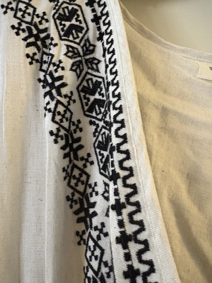 Maxi Vestido Caftán World Market Para Mujer L/XL Crema Bordado Boho Lino Borla Foto 2 de 4