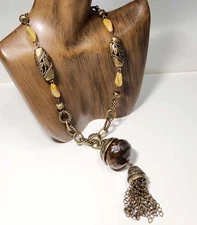 Chicos Statement Acorn Pendant Necklace Chunky Boho Glass Bead Tassel Gold Tone