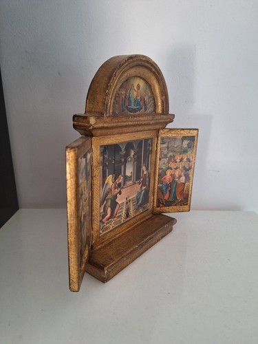 ANCIENNE ICONE TRIPTYQUE RELIGIEUX . repro Peinture Sur Bois Scène Réligieuse - Photo 3 sur 16