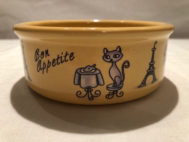 Cat Pet Bowl Dish Food Water French Bon Appetite Golden Yellow Ceramic Cereal