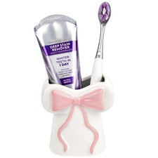 Cute Ceramic Toothbrush Holder with Bow, Bathroom Countertop Organizer Pink