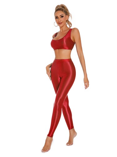 UK Women's Glossy Sleeveless Crop Top with High Waist Pants Yoga Gym Sports Set - Picture 18 of 108